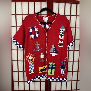 The Quaker Factory Nautical Seaside Red Knit Funky Short Sleeve Cardigan Sweater